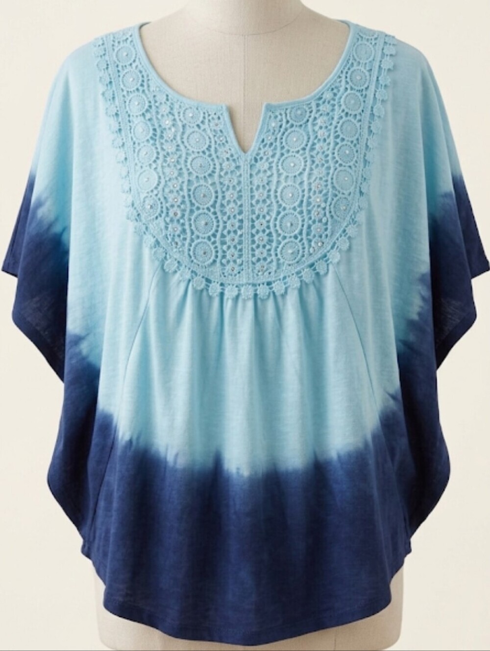 ONE WORLD Boho Turquoise to Navy Crochet Yoke Tie-Dye Tunic Jeweled Chest XS